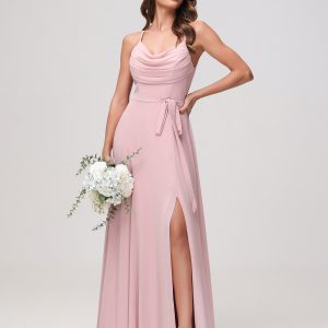 Sexy Cowl Neck Ruched Chiffon Long Dress with Slit Dusty Rose